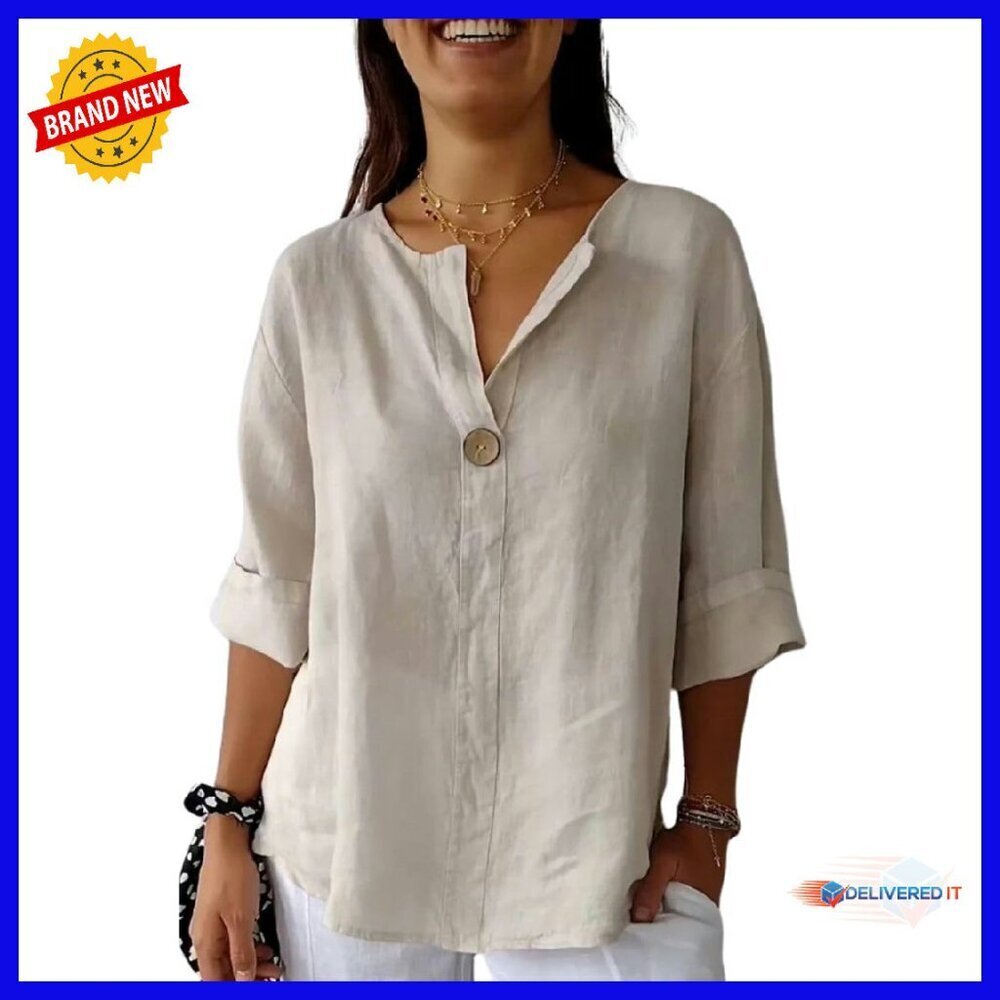 Women's Cotton Linen V-Neck Tunic Top 3/4 Roll-Up Sleeve Loose Fit